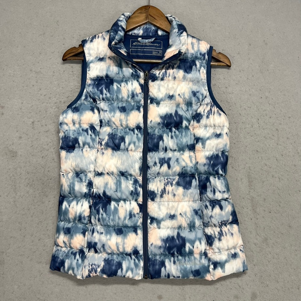 Eddie Bauer EB650 Down Vest Womens Small Blue White Tie Dye Puffer Full Zip